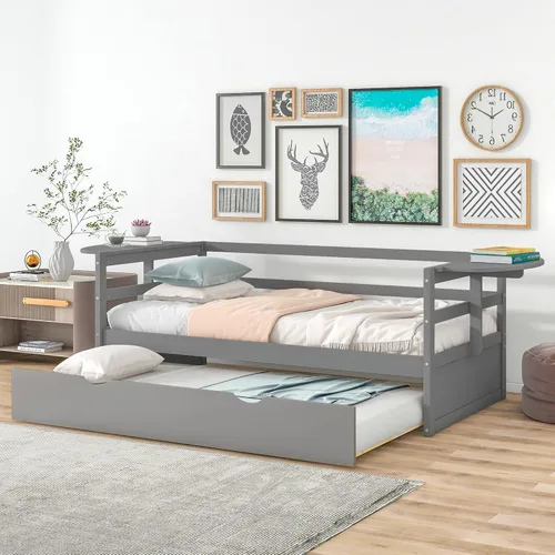 Miniatura 11 de Quarte Sofá cama multifuncional de tamaño individual con nido y estantes plegables en ambos lados, sofá cama con marco de madera y listones