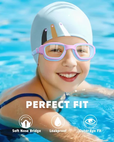 Miniatura 4 de Kids Swim Goggles with Silicone Swim Cap, Swimming Goggles Cap Set for Kids 6-14, Anti-Fog Anti-UV for Boys Girls Gorra azul/púrpura+azul