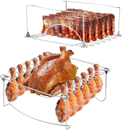 Estante para costillas 3 en 1 para ahumar y patas de pollo para parrilla, capacidad para 6 costillas grandes, 12 alas de pata de pollo, 1 pollo