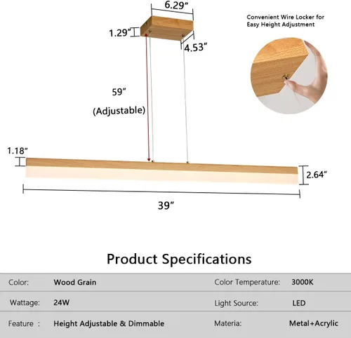 Miniatura 5 de Moderna lámpara colgante lineal LED regulable de 39 pulgadas, luz de madera para comedor, altura ajustable, luz colgante de techo de 3000 K, luz