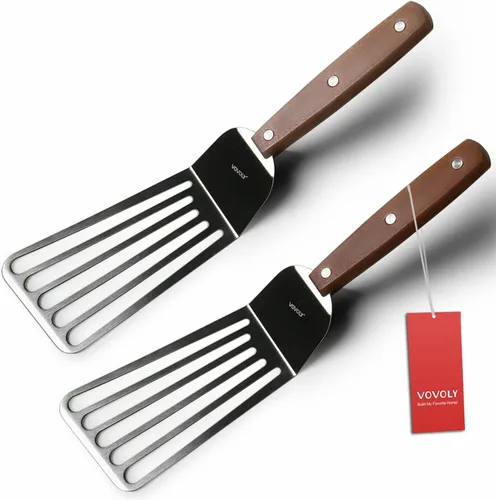 Miniatura 9 de Paquete de 2 espátulas de pescado, espátulas ranuradas de acero inoxidable para voltear, girar, freír y asar, espátulas ranuradas de metal de 3 x 6