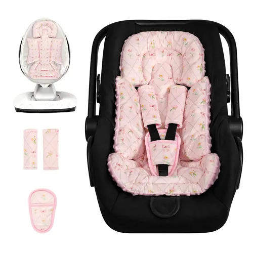 Miniatura 8 de Inserto de asiento de automóvil infantil con 3 fundas de correa, soporte de cabeza de asiento de automóvil suave para niñas bebés, tela de felpa