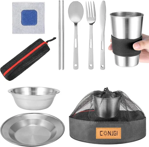 Kit de desorden para acampar al aire libre: platos de campamento de 1 a 2 personas, incluye tazas, cuencos, platos, cuchillos, tenedores, cucharas,