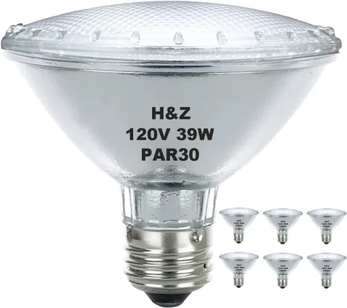 H&Z Cuello corto Par30, paquete de 6 paquetes de halógeno Par30s de alta salida 39 W 120 V, Par30 regulable blanco cálido 3000 K, 39 W Par30 luz de