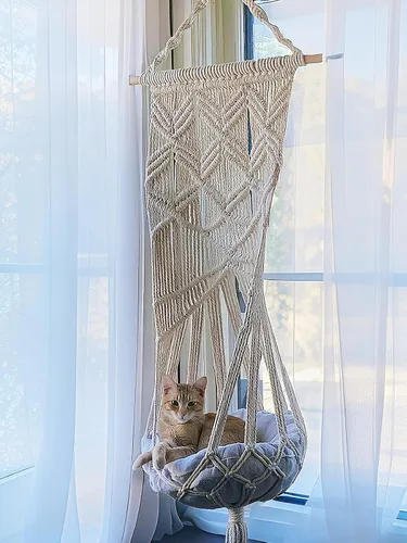Miniatura 3 de KARCEEY Hamaca de macramé para gatos, cama colgante de macramé para gatos con cojín de hierba gatera y kit para colgar