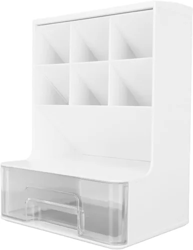 Miniatura 9 de Wnvivi Organizador de bolígrafo inclinado, soporte para bolígrafo de escritorio, soporte para brochas de maquillaje con cajón, organizador Rosa
