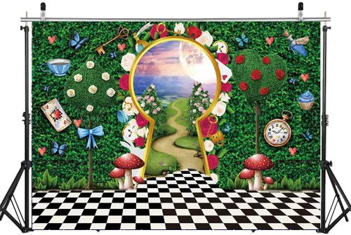 Miniatura 2 de Telón de fondo para fotografía del país de las maravillas para decoración de fiesta de té, 8 x 6 pies, cuento de hadas, castillo, conejo, hoja