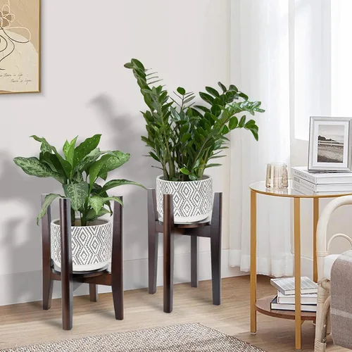 Miniatura 7 de Soporte ajustable para plantas con bandeja, soporte de madera para plantas de interior para macetas de 8 a 12 pulgadas, moderno soporte para macetas