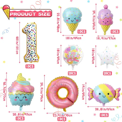 Miniatura 2 de 10 globos de helado, globos de papel de aluminio Mylar con número de dona de caramelo, temática de helado, suministros de fiesta de primer cumpleaños