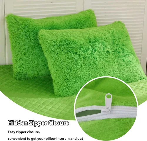 Miniatura 5 de LIFEREVO Paquete de 2 fundas de almohada de felpa lanuda de piel sintética de 20"x26", fundas de almohada decorativas esponjosas con cierre de Verde
