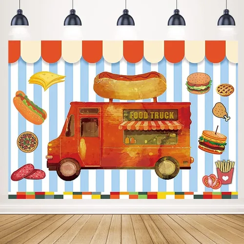 Miniatura 3 de Fondo de fotografía de camión de comida, pizzería, fondo de fotos con temática de pizza, perrito caliente, pizza, hamburguesa, café, camión, tienda