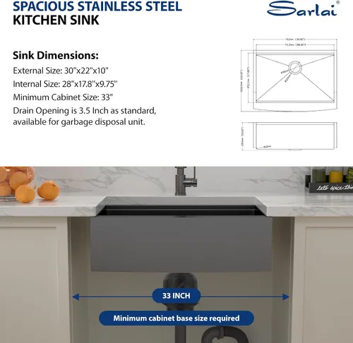 Miniatura 7 de Sarlai Fregadero de cocina de 30 unidades color negro, 30 x 22 pulgadas, fregadero de cocina de 30 x 22 pulgadas, fregadero de cocina de acero Acero