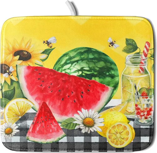 Tapete de Secado de Platos de Sandía de Verano de Microfibra, Tapetes Escurridores de Platos de Cuadros de Búfalo de Limón Amarillo 16x18 Pulgadas,