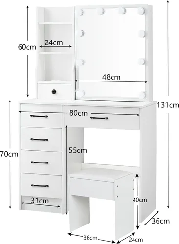 Miniatura 5 de Escritorio de tocador con espejo LED deslizante, mesa de maquillaje blanca con 6 cajones, 4 estantes de almacenamiento y taburete, 3 modos