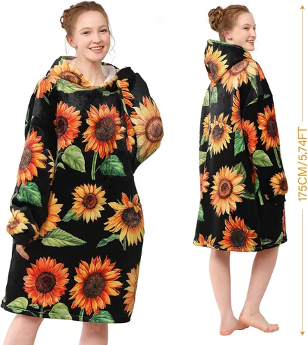 Miniatura 2 de LetsFunny Manta con Capucha, Sudadera Manta de Forro Polar Sherpa de Gran Tamaño Usable, Súper Suave Cálida y Acogedora con Bolsillo Gigante, Girasol