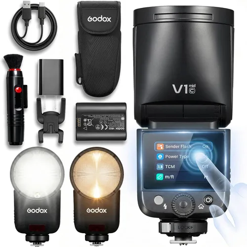 Godox V1 MID C Flash para Canon, pantalla táctil Speedlite de cabeza redonda de 55 W, actualización de 0.945 in, 650+Full Power Pops, reciclaje de