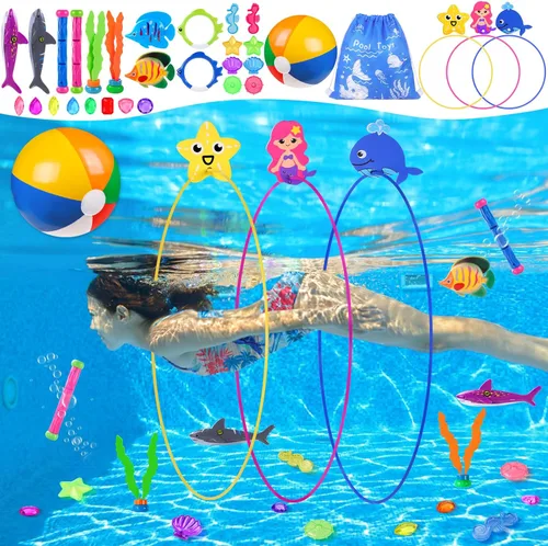 Miniatura 9 de YUJUN 35 piezas de juguetes de buceo y natación para piscina, juguetes de juego subacuático de verano con peces de piscina, varillas de buceo