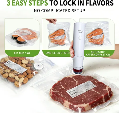 Miniatura 6 de Xinyonxin Máquina selladora al vacío de mano con 30 bolsas reutilizables, bomba eléctrica inalámbrica de conservación de alimentos para carne y sous