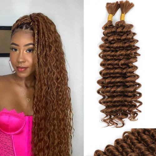 Miniatura 20 de Mezcla de cabello humano trenzado sintético de onda profunda a granel para trenzar, 16 pulgadas, cabello trenzado húmedo y ondulado, 2 piezas