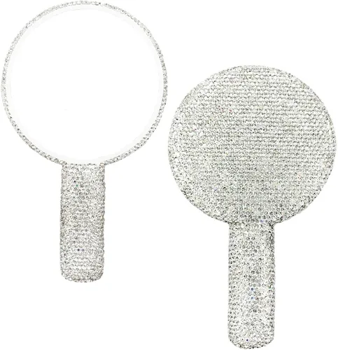 LOPURO Espejo de mano con forma redonda de diamantes de imitación, espejo redondo de mano con diamantes de imitación, bonito espejo de mano