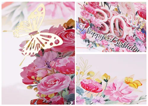 Miniatura 3 de PENTA ANGEL Tarjeta de felicitación de feliz cumpleaños 30 con diseño de flores 3D, regalo de cumpleaños de 30 años con sobre en blanco para su