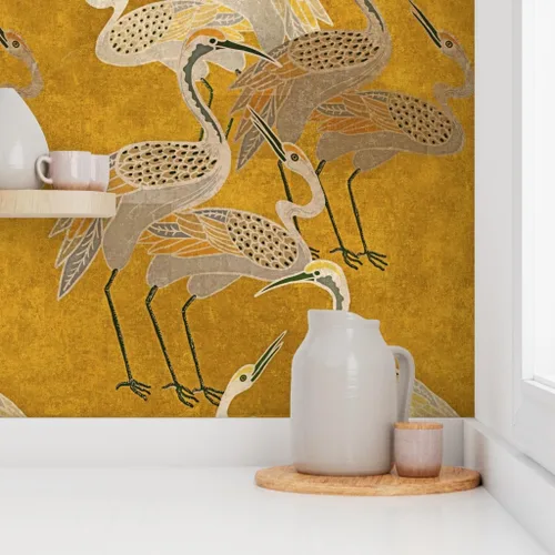 Miniatura 8 de Spoonflower Papel tapiz para despegar y pegar - Grúas Art Deco Golden Birds Gold Oriental Texture Silver Papel pintado extraíble personalizado
