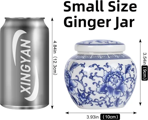 Miniatura 2 de XINGYAN Tarro de jengibre pequeño de cerámica de porcelana china tradicional azul y blanca con tapa, para almacenamiento de té, decoración