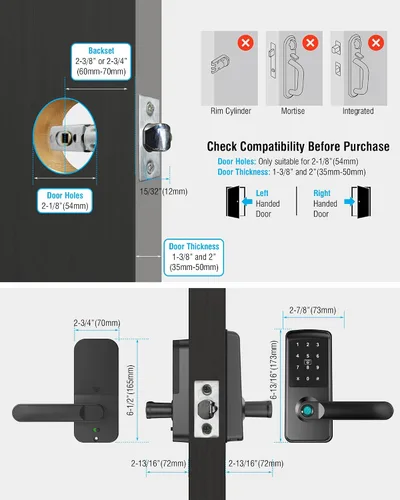 Miniatura 6 de Cerradura de puerta con teclado con asa, cerradura de puerta de entrada sin llave 5 en 1, cerradura de puerta biométrica de huellas dactilares
