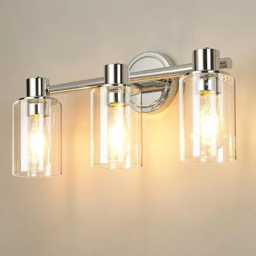 Lámpara de pared de baño de 3 luces cromadas con luces de vidrio transparente sobre espejo, base E26 Cromo