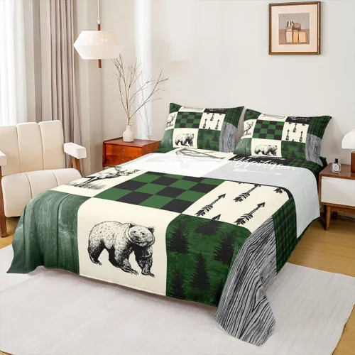Miniatura 34 de Rustic Lodge - Juego de sábanas tamaño individual con diseño de oso y alce, diseño de retazos, color rojo y negro, a cuadros, ropa de cama de Multi