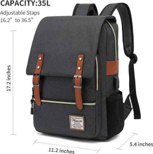 Miniatura 5 de Mancio Mochila vintage delgada para laptop para mujeres y hombres, bolsa universitaria de negocios resistente a desgarros con puerto de carga USB