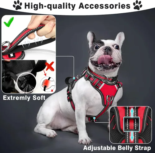 Miniatura 2 de WINSEE - Juego de arnés, collar y correa para mascotas, todo en uno, arnés reflectante para perros sin tirones con hebillas ajustables para Rojo