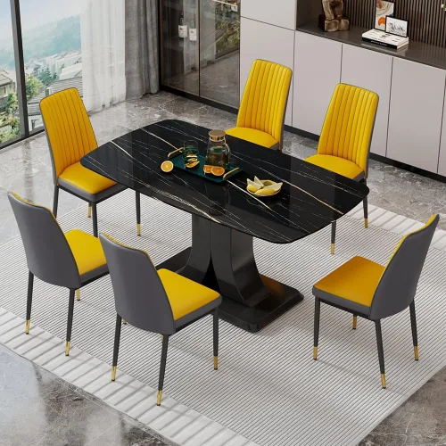 Miniatura 13 de Juego de mesa de comedor moderno para 6, juego de mesa de cocina y sillas de mármol para 6, mesa de cocina rectangular con 6 sillas tapizadas