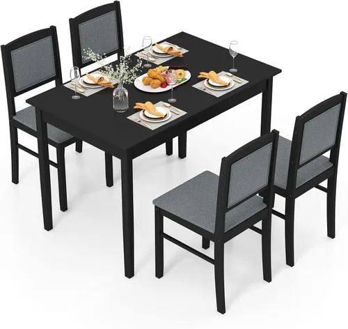 Giantex Juego de mesa de comedor de 5 piezas para 4 personas, juego de mesa de desayuno con mesa de cocina, 4 sillas tapizadas, patas de madera,