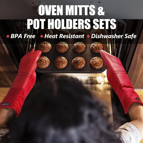 Miniatura 5 de Rorecay Juego de 6 manoplas y soportes para ollas para cocina, guantes de horno de silicona extra largos resistentes al calor de 500 grados, Rojo