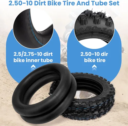 Miniatura 2 de Neumático de motocross 2.50-10, neumático todoterreno de 2.5-10 pulgadas y tubo interior para moto de cross con borde de 10 pulgadas, compatible