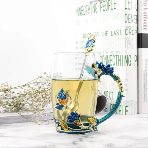 Miniatura 5 de Taza de té de 330 mL, de vidrio y esmalte, taza de café de vidrio con rosas hechas a mano, regalo para el día del padre, día de la madre, día de San