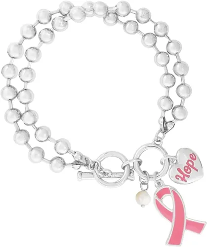 Rosemarie & Jubalee Pulsera de doble cadena con dije de cinta rosa para mujer, para concienciación sobre el cáncer de mama, tono plateado pulido,
