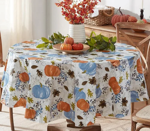 Miniatura 10 de Newbridge Mantel de vinilo azul de Acción de Gracias Hampstead Farm Pumpkin Field con reverso de franela, diseño de cosecha de otoño, 52 x 52