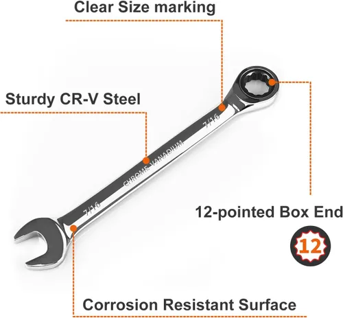 Miniatura 2 de Egofine - Llave combinada de trinquete de 7/16 pulgadas SAE, llave de engranajes de grado industrial con diseño de 12 puntos, trinquete de 72