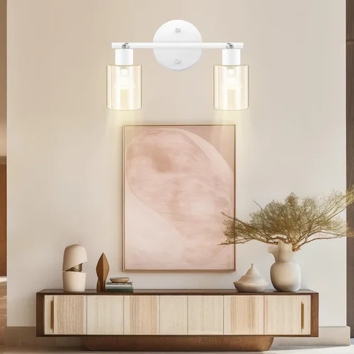 Miniatura 7 de BoostArea Lámparas de baño de 2 luces, modernas luces blancas de pared con pantalla de vidrio transparente, luz de techo flexible para espejo