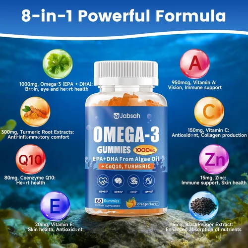 Miniatura 7 de Gomitas veganas Omega-3 de 1000 mg de aceite de algas (DHA 460 mg y EPA 230 mg), alternativa de aceite de pescado Omega 3 para adultos, más cúrcuma