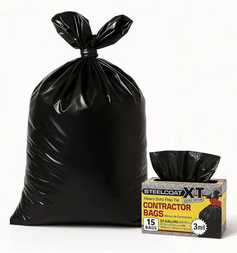 Steelcoat Bolsas de basura XL para contratistas de 55 galones, extra resistentes, 3 mil, 15 unidades, color negro, fabricadas en Estados Unidos