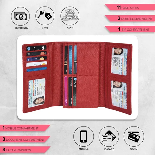 Miniatura 3 de Cartera de piel auténtica para mujer con bloqueo RFID, tarjetero triple para mujer, con ventana de identificación