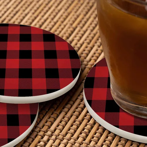 Miniatura 6 de Juego de 2 posavasos con diseño de cuadros para bebidas, diseño clásico de búfalo negro y rojo, protección de mesa de cocina y mesa auxiliar, juego