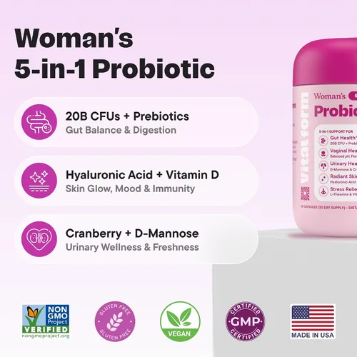 Miniatura 2 de Probiótico para mujeres 20 mil millones de CFU – Apoyo diario 5-en-1 para la salud digestiva, vaginal y urinaria – con arándano, D-manosa