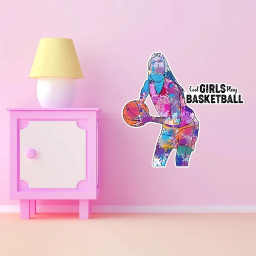 Miniatura 3 de Calcomanía deportiva para pared, diseño de acuarela con salpicaduras de baloncesto, para mujeres, jugadoras, arte genial, niñas, jugar baloncesto