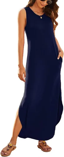 Miniatura 2 de Hount Vestido de verano casual sin mangas para mujer, largo, dividido, maxi con bolsillos