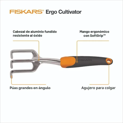 Miniatura 2 de Fiskars Ergo Cultivador para Cavar, Airear el Suelo y Deshierbar, Herramienta de Jardín de Alta Resistencia con Agujero para Colgar