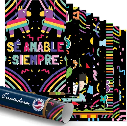 Quarterhouse Paquete de 10 carteles motivacionales en español (ilustrados), materiales de aprendizaje en el aula de español para estudiantes y